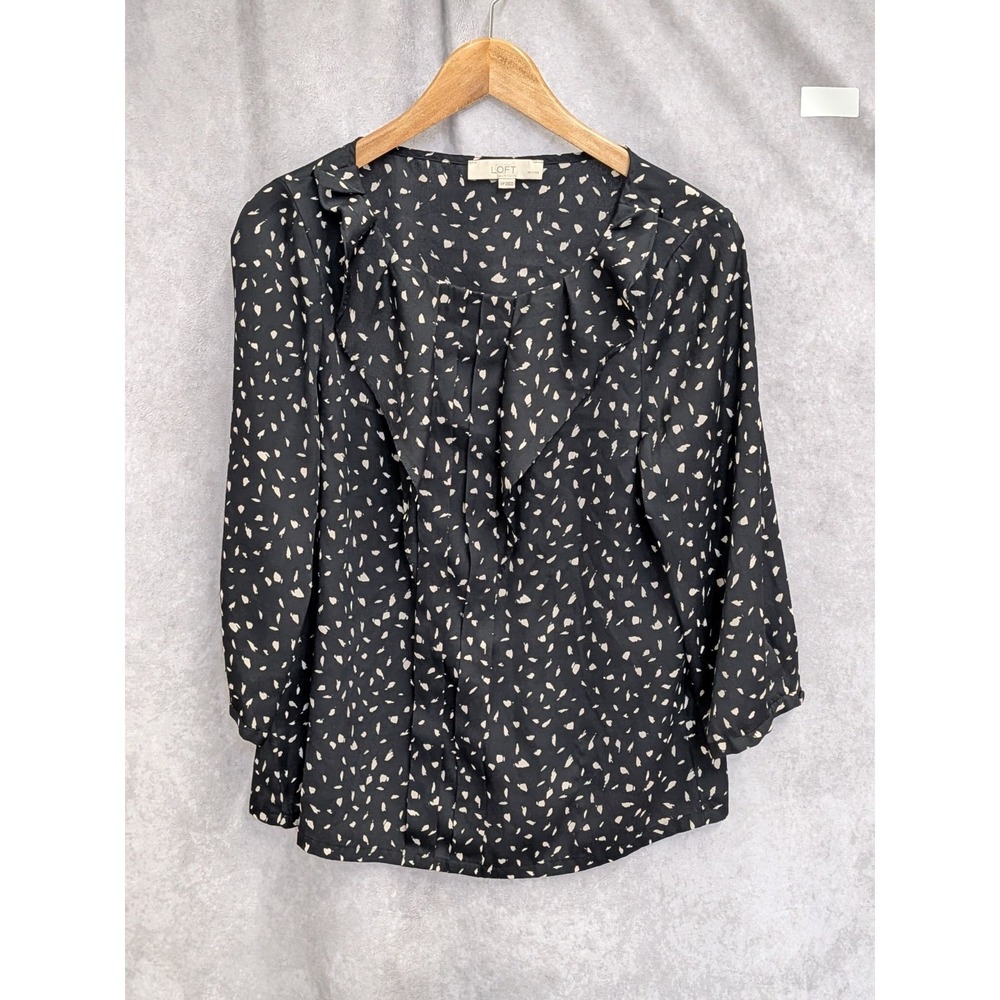 ANN TAYLOR LOFT Black /Cream Spotted Lightweight Long Sleeve Blouse Large Petite